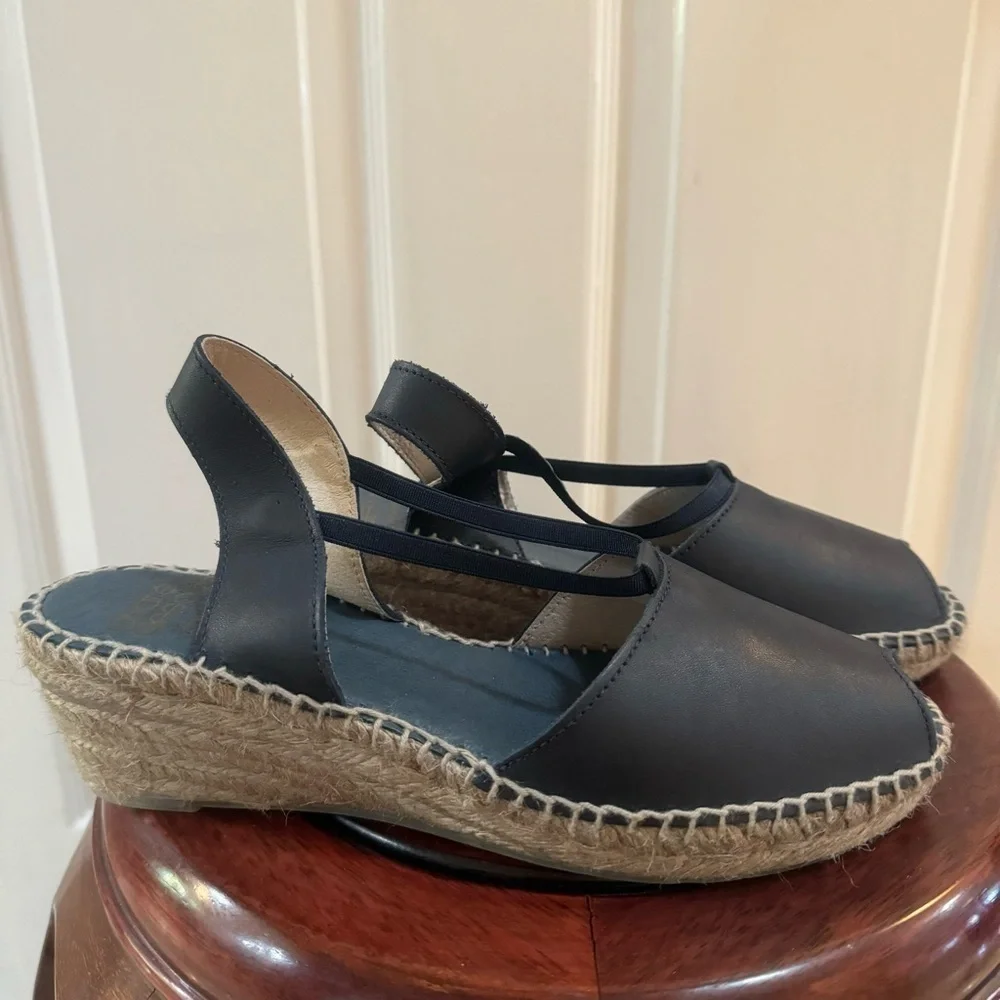 Andre Assous DAINTY Navy Blue Leather & Raffia Espadrilles Sandals 37